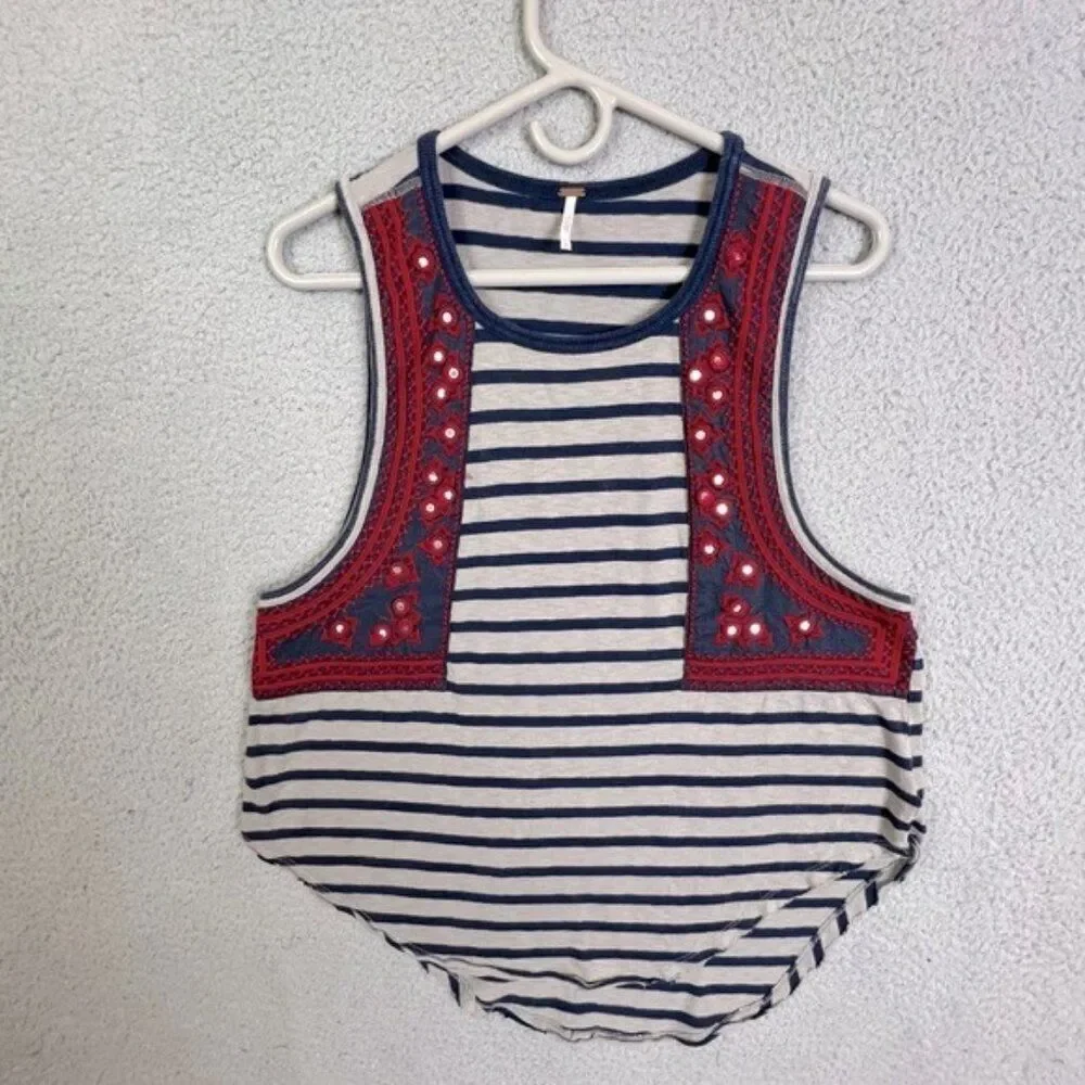 FREE PEOPLE WOMENS TANK TOP GRAY BLUE STRIPES SIZE S